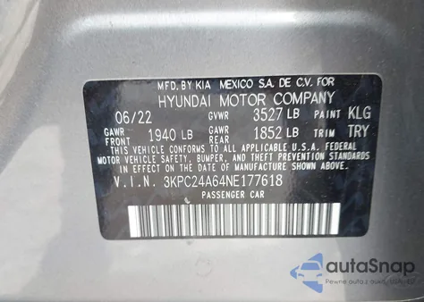 2022 Hyundai Accent Se from USA, damaged, VIN 3KPC24A64NE177618